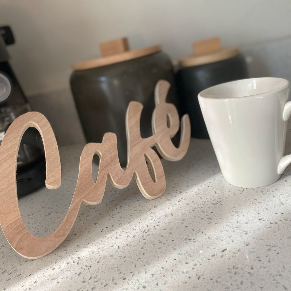 Wood "Café" Sign: Coffee Bar Decor, Birch Plywood (6x10 inches)